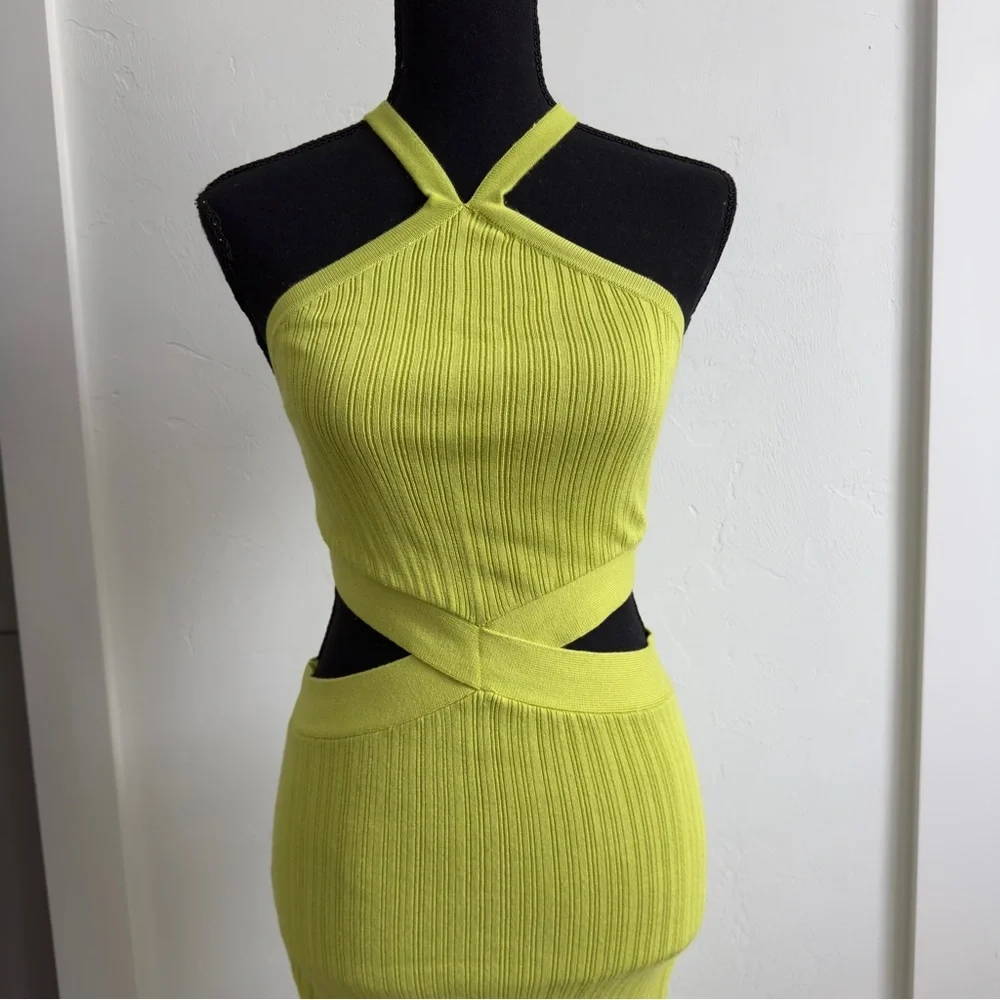 Runaway Chartreuse Green Cut Out Textured Knit Dress S - Picture 5 of 10